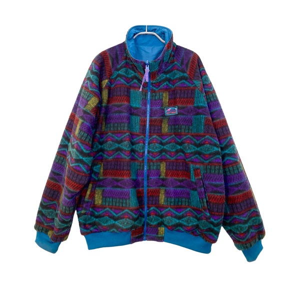 Vintage Jackets & Blazers - Vintage 80s Fleece Colourful Geometric Print Windbreaker Full Zip Purple Blue L